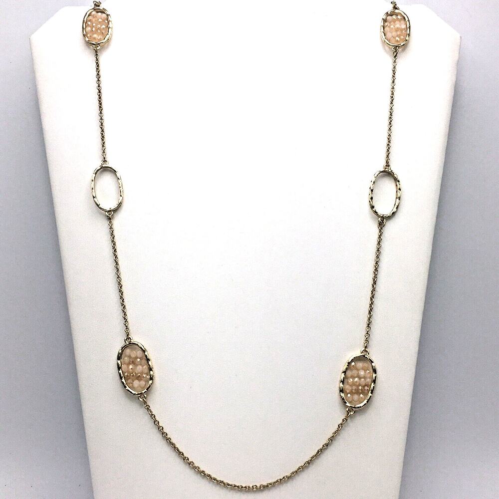 Iridescent Peach Faceted Bead Station Necklace Gold Tone Chain Minimalist